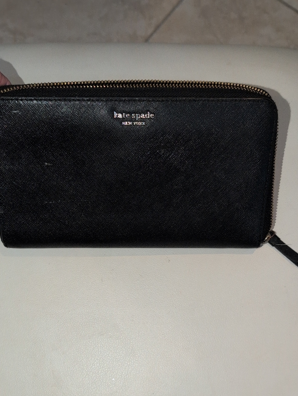 Kate Spade Large Black Zip Around Leather Wallet with Gold Logo
